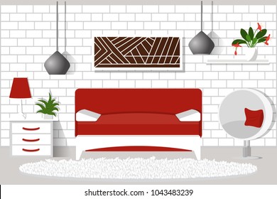 Living room Interior.  Living room with furniture, sofa, armchair, brick wall. Flat style, cartoon, vector