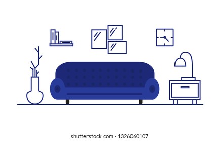 Living room interior. Furniture in the room: sofa, couch, bedside table, table lamp, night light, paintings, posters, wall clock, floor vase. The atmosphere of a modern apartment. . Vector.