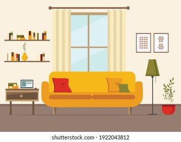 living room interior with furniture, sofa, window, table, shelves with books and home flowers, floor lamp. flat cartoon vector illustration