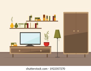 living room interior with furniture, sofa, TV, table, shelves with books and home flowers, floor lamp. flat cartoon vector illustration
