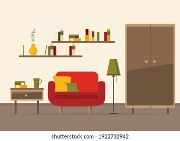 living room interior with furniture, sofa,  table, shelves with books and home flowers, floor lamp. flat cartoon vector illustration