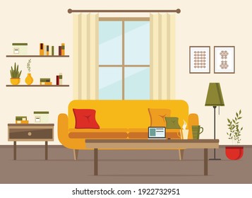 living room interior with furniture, sofa, window, table, shelves with books and home flowers, floor lamp. flat cartoon vector illustration