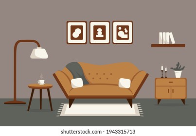 Living room interior with furniture: sofa, table, dresser, lamp and posters. Cozy room design in gray and yellow tones. Flat style vector illustration.