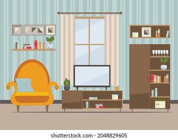 living room interior with furniture  (sofa, window, table, shelves with books and home flowers, floor lamp). flat cartoon vector illustration