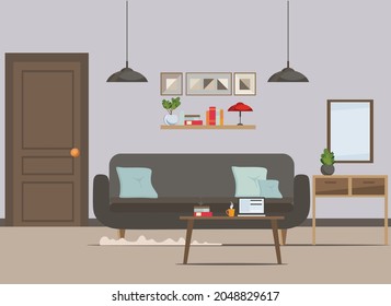 living room interior with furniture  (sofa, window, table, shelves with books and home flowers, floor lamp). flat cartoon vector illustration