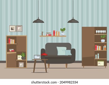 living room interior with furniture  (sofa, window, table, shelves with books and home flowers, floor lamp). flat cartoon vector illustration