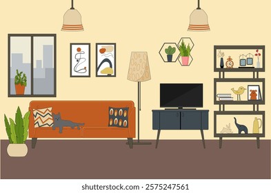 Living room interior with furniture. Sofa against the window, floor lamp and paintings. Shelf for flowers and books. Flowers in pots, figurines, vases. TV stand. Vector illustration