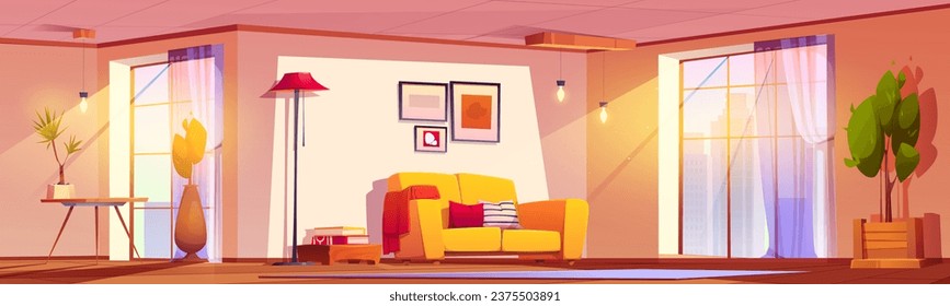 Interior de salón con muebles y vigas de sol a través de una gran ventana. Dibujo vectorial de la luz y el soleado salón interior con almohadas en el sofá, lámpara y mesa lateral, plantas verdes en ollas.