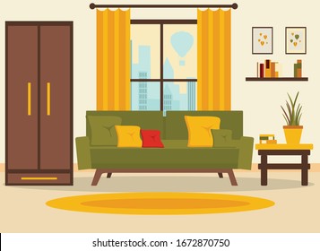 living room interior with furniture, table, window, wardrobe,shelves with books and home flowers, floor lamp. flat cartoon vector illustration