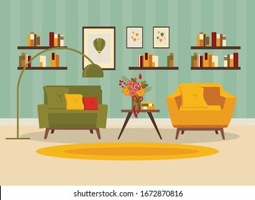 Living Room Interior With Furniture, Table, Shelves With Books And Home Flowers, Floor Lamp. Flat Cartoon Vector Illustration