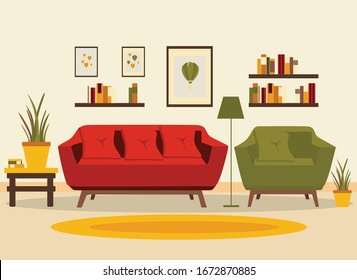 living room interior with furniture, table, shelves with books and home flowers, floor lamp. flat cartoon vector illustration