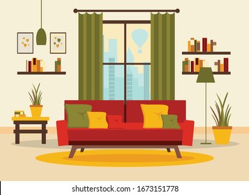 living room interior with furniture, table, window, shelves with books and home flowers, floor lamp. flat cartoon vector illustration