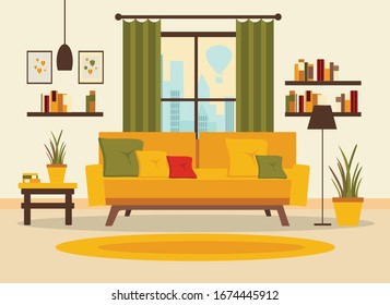 living room interior with furniture, table, window, shelves with books and home flowers, floor lamp. flat cartoon vector illustration