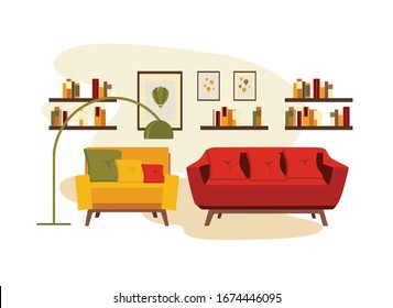 living room interior with furniture, table, shelves with books and home flowers, floor lamp. flat cartoon vector illustration