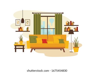 living room interior with furniture, table, window, shelves with books and home flowers, floor lamp. flat cartoon vector illustration