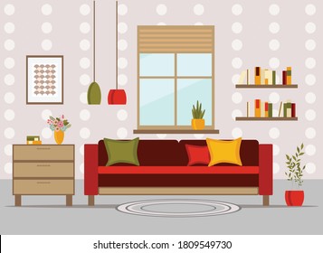 living room interior with furniture, table, shelves with books and home flowers, floor lamp. flat cartoon vector illustration