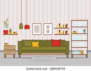 living room interior with furniture, table, shelves with books and home flowers, floor lamp. flat cartoon vector illustration