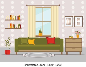 living room interior with furniture, table, shelves with books and home flowers, floor lamp. flat cartoon vector illustration