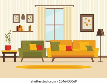 living room interior with furniture, table, window, shelves with books and home flowers, floor lamp. flat cartoon vector illustration