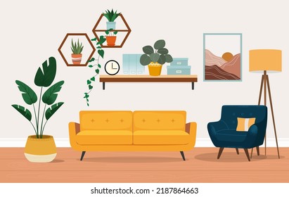 living room interior with furniture, table, shelves with books and home flowers, floor lamp. flat cartoon vector illustration - Shutterstock ID 2187864663