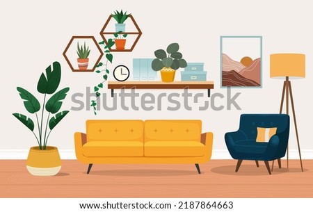 living room interior with furniture, table, shelves with books and home flowers, floor lamp. flat cartoon vector illustration