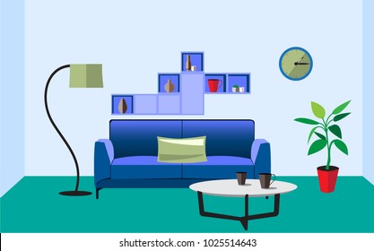 Living room interior with furniture. Vector illustration in flat style