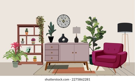 Living room interior with furniture vector drawing