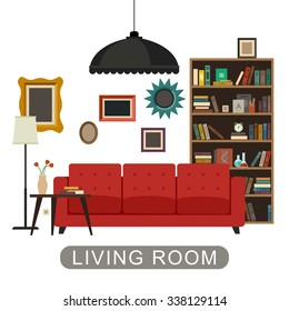 Living room interior with furniture. Vector banner of living room in flat style.