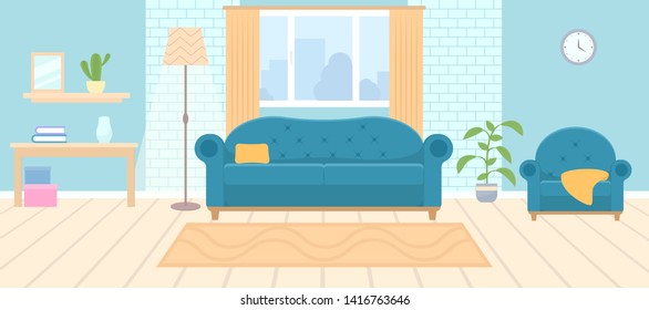 Living room interior with furniture and window. living-room. Table, shelf, sofa, floor lamp, sofa, armchair, indoor plant, Vector illustration