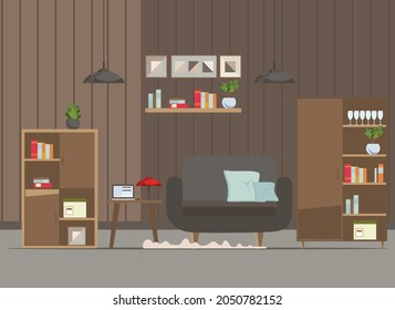 salón interior con mobiliario (ventana, mesa, estanterías con libros y flores, lámpara de pie). ilustración vectorial de dibujos animados planos