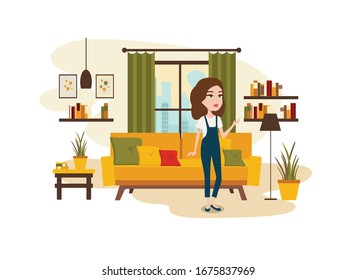 living room interior with a girl (sofa, armchair, bookshelves, table, houseplants, window).
Flat vector illustration of living room interior.