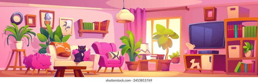 Salón interior con muebles de color rosa femenino y Elementos decorativos. Vector de dibujos animados linda casa femenina interior con acogedores muebles - sofá y sillón, otomana y mesa, tv y plantas en macetas.