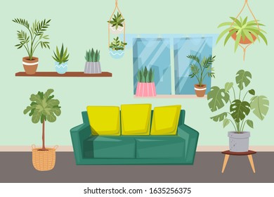Living room interior with green plants and furniture cartoon vector illustration. Living room design with sofa and home plants in pots on shelves and window. Contemporary interior of green house.