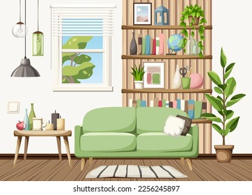 Living room interior with a green sofa, wooden slats with shelves, a window, pendant light, and houseplants. Cozy room interior design. Cartoon vector illustration