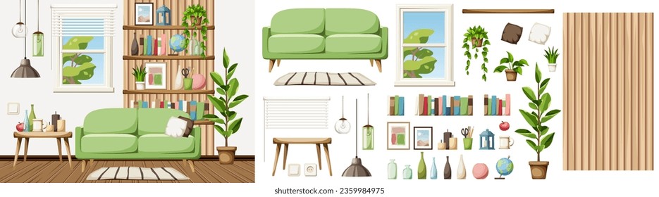 Living room interior with a green sofa, wooden slats with shelves, a window, pendant light, and houseplants. Cozy room interior design. Furniture set. Interior constructor