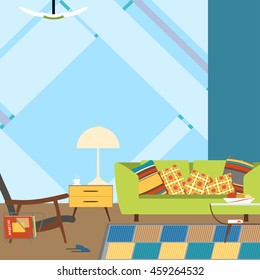 Living room interior with green sofa and armchair in the style of 70's vector illustration.