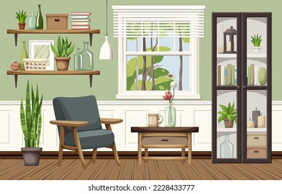 Living room interior with green walls, a black bookcase, an armchair, and a window. Modern interior design. Cartoon vector illustration