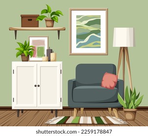 Living room interior with green walls, a white cabinet, an armchair, a floor lamp, and houseplants. Cozy modern interior design. Cartoon vector illustration