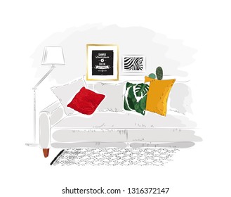 Living room interior with grey sofa and lamp. Vector sketch ollustration