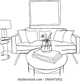 Living room interior, hand dawn vector illustration in line art style