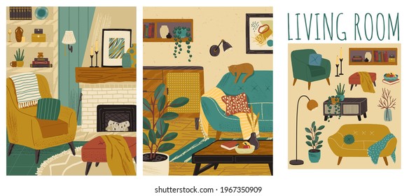 Living room interior hand drawn vector illustration set. Home modern interior design. Cozy room furniture and accessories. Comfy sofa, fireplace, table, couch, chair