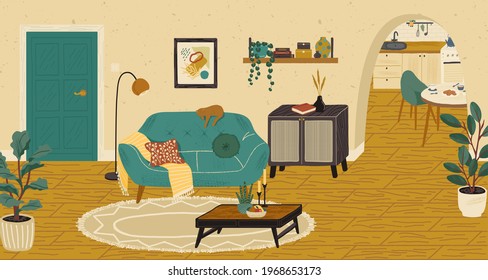 Living room interior hand drawn vector illustration. Home modern interior design. Cozy room furniture and accessories. Comfy sofa, table, couch, chair