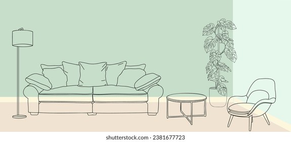 Living room interior hand drawn vector sketch.