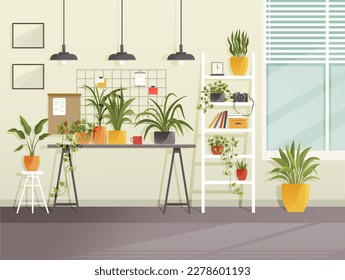 Interior de salón, decoración de casa, decoración de apartamento u oficina. Alojamiento moderno, acogedor y elegante, con muebles y plantas. Salón con estanterías y lámparas decorativas, cuadros en la pared