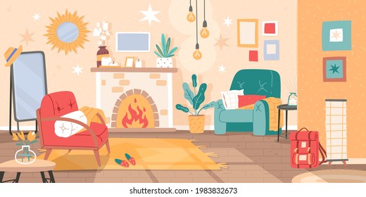 Living room interior. Home decoration in modern scandi style, comfortable and cozy guest house, indoor furniture and objects. Vector concept