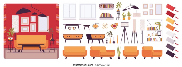 Living room interior, home or office creation kit, lounge set with furniture, different constructor elements to build your own design. Cartoon flat style infographic illustration with color palette