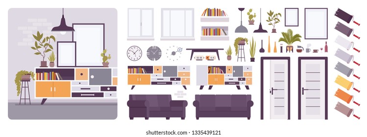 Living room interior, home, office creation kit, lounge relaxing space set with furniture, constructor elements to build your own design. Cartoon flat style infographic illustration and color palette