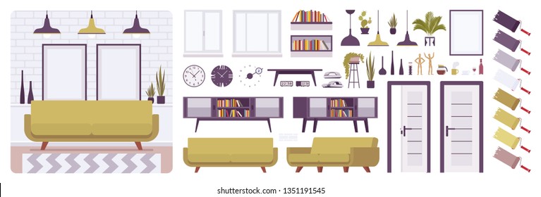 Living room interior, home, office creation set, lounge relaxing space kit with furniture, constructor elements to build your own design. Cartoon flat style infographic illustration and color palette