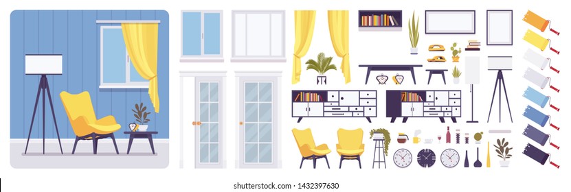 Living room interior, home, office creation set, modern inspirational decoration, kit with furniture, constructor elements, build own design. Cartoon flat style infographic illustration, color palette