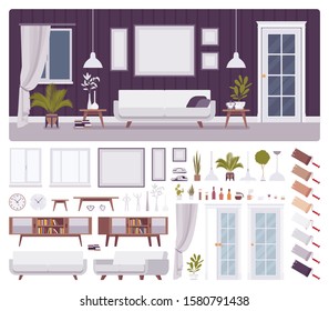 Living room interior, home, office creation set, comfort and classic elegance, kit with furniture, constructor elements to build own design. Cartoon flat style infographic illustration, color palette